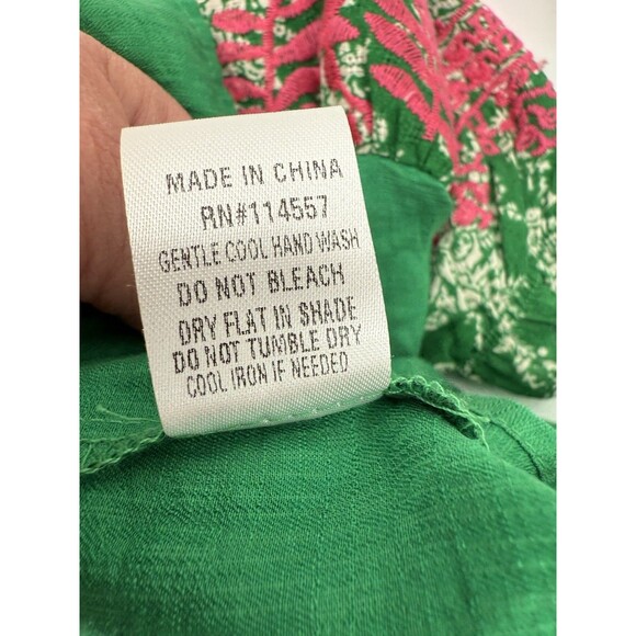 THML Embroidered Puff Sleeve Top Ruffle Neck Button Back Green Pink SMALL EUC - Picture 13 of 13